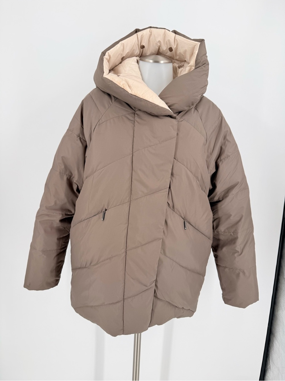 Women's Taupe Hooded Puffer Jacket with Cream Lining